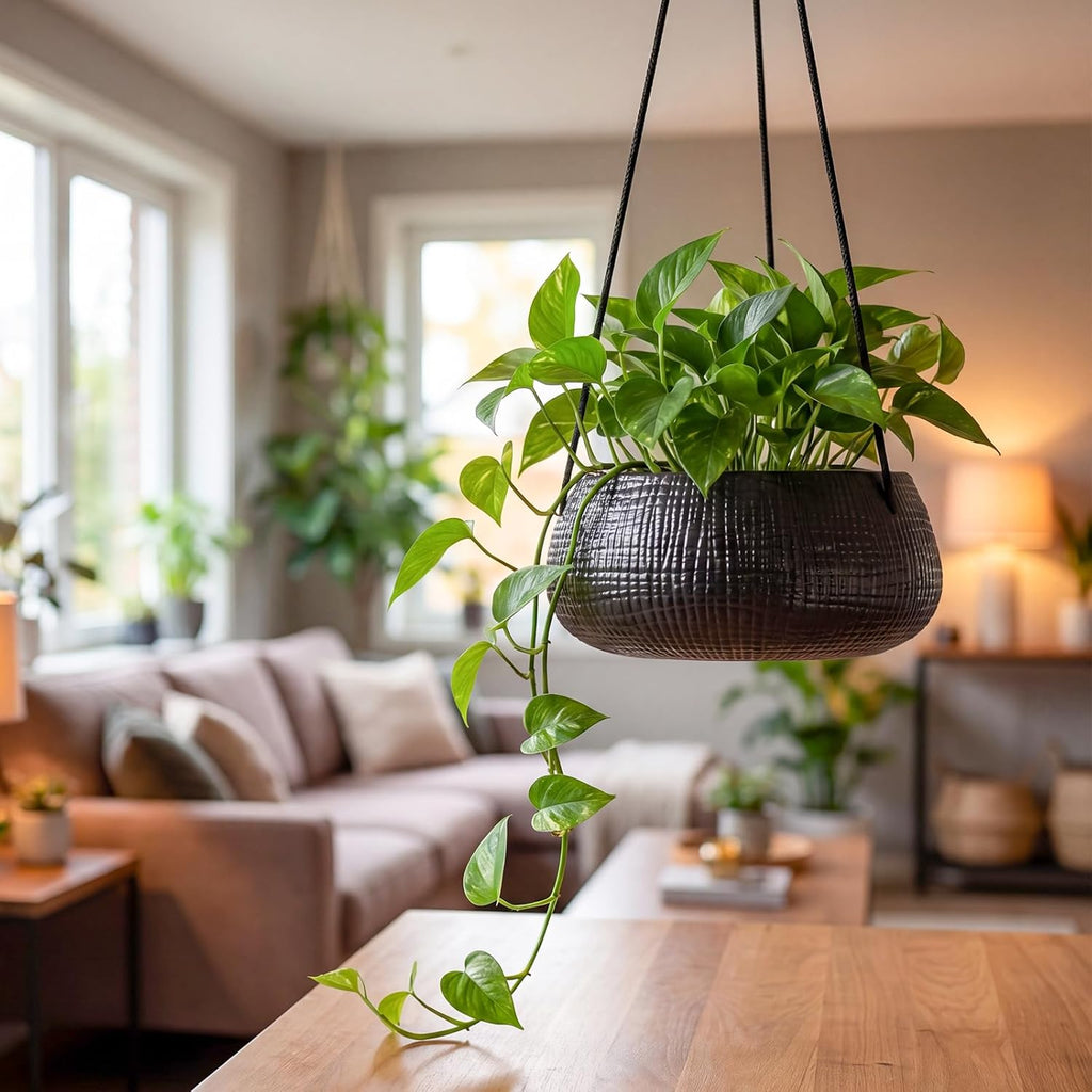 8 Inch Hanging Planter for Indoor Plant, Ceramic Black Flower Pot | Modern Textured Design, Drainage Hole, for Indoor