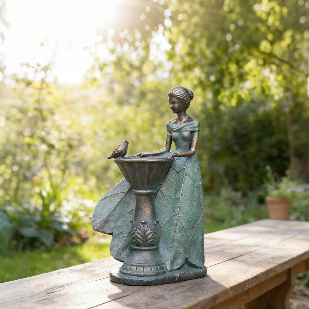 DiliComing Fairy Outdoor Statue Garden Decor with Solar Birdbath 12 Inch | Resin Leaf Girls Birdbath Sculpture