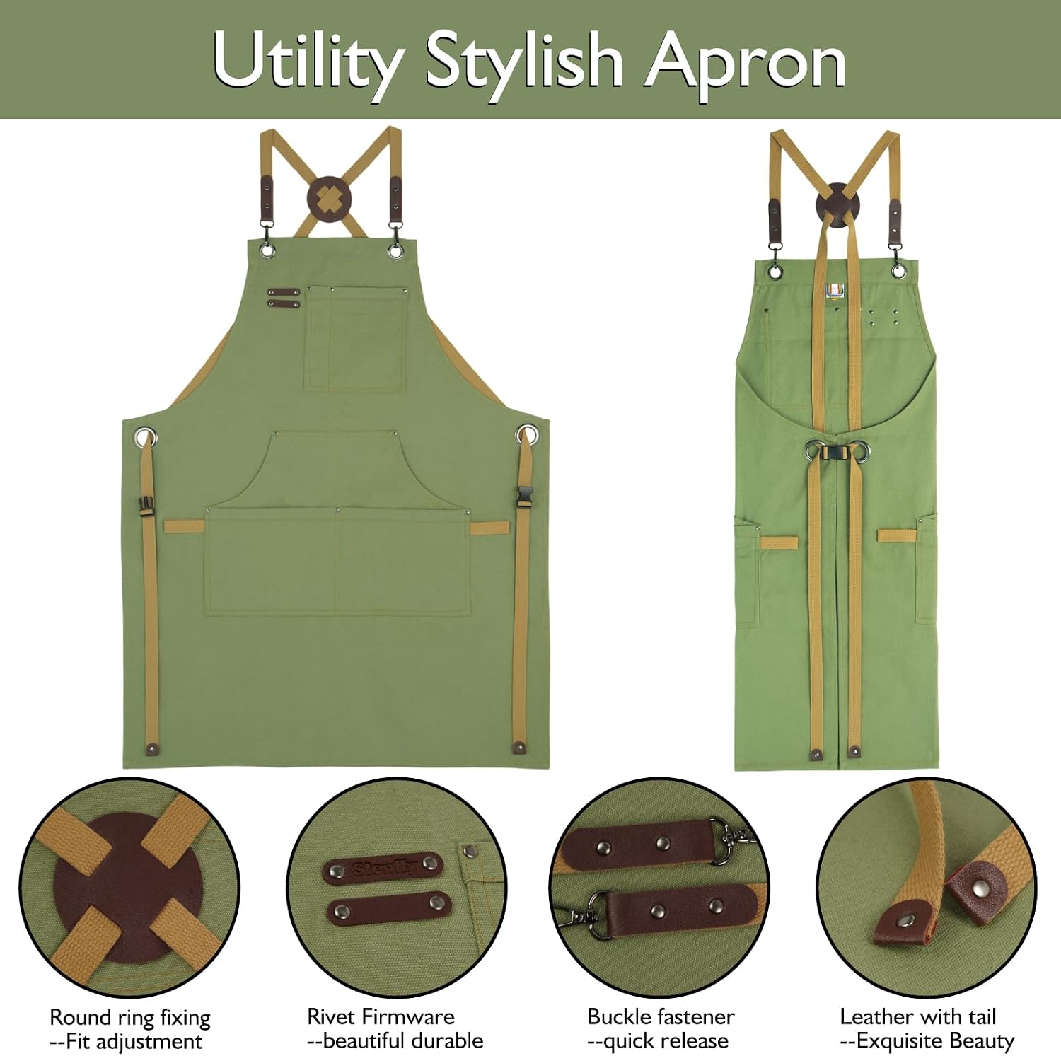 Kitchen Apron, Work Apron, Canvas Apron, Olive | Multiple Pockets, Gardening, Painting, BBQ, Artist, Carpenter, Sizes M