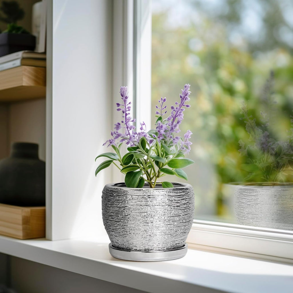 SQOWL Ceramic Plant Pots - 6 Inch Planter for Indoor Outdoor Plants, Modern Round Flower Pots with Drainage Hole and