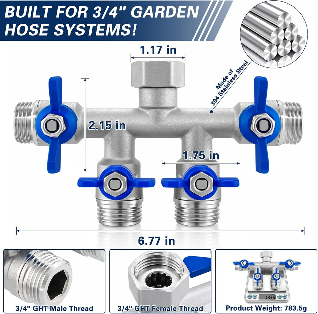 4 Way Garden Hose Splitter, 304 Stainless Steel Hose Splitter with 4 Shut-Off Valves, Heavy Duty Outdoor Faucet