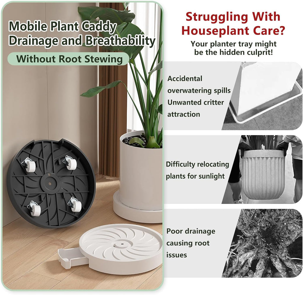 MCleanPin 2 Pack Plant Caddy with Hidden Wheels, 13" Heavy Duty Rolling Plant Stand with Removable Drainage Tray and