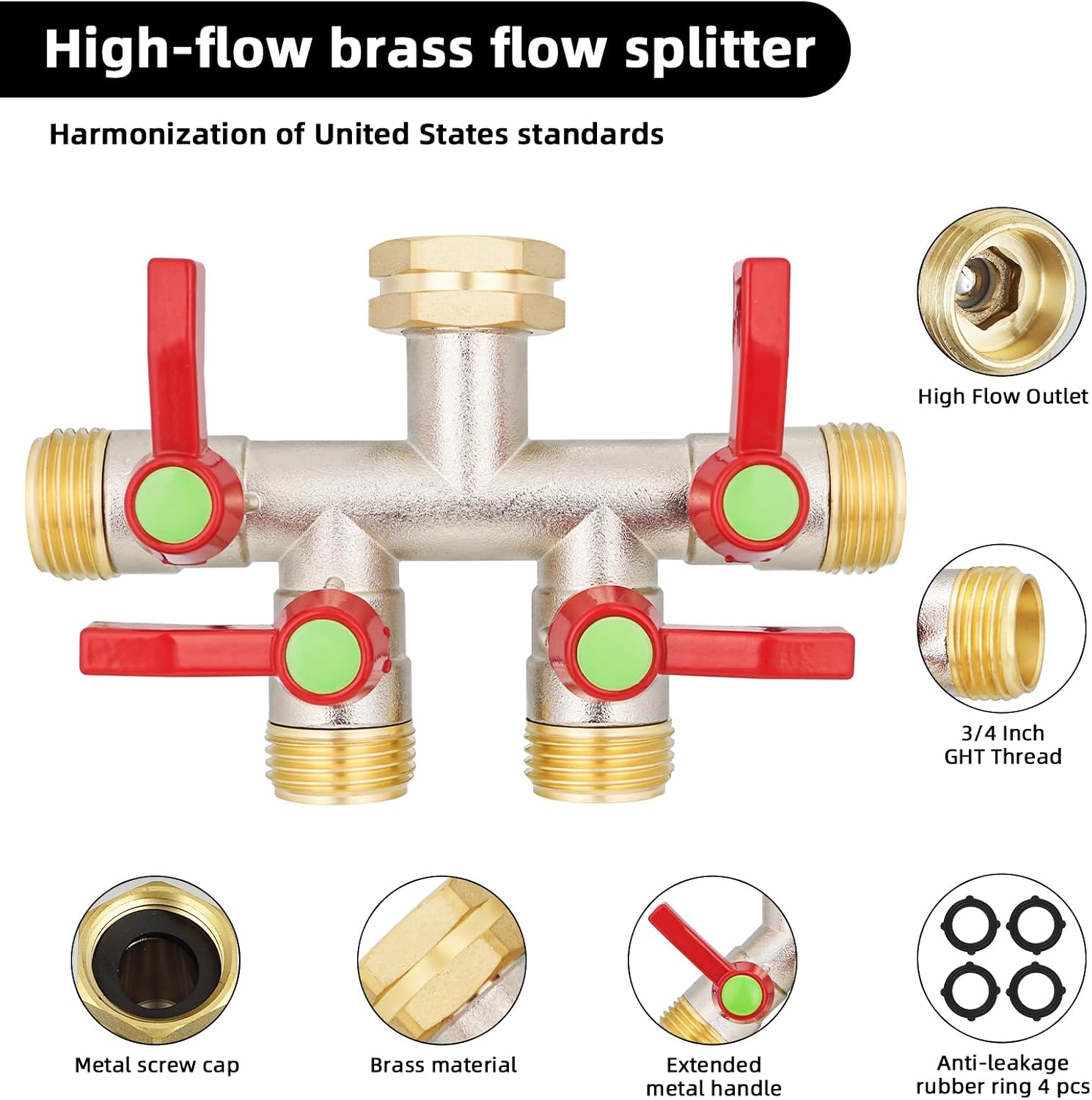 EJW Hose Splitter 4 Way, Garden Hose Splitters,Water Hose Splitters, Hose Bib Splitter, 4 Way Heavy Duty High Flow