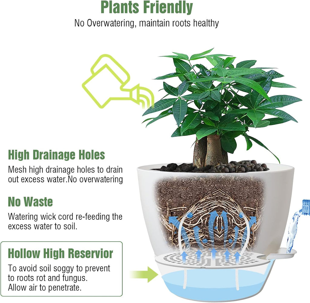 UOUZ 12inch Self Watering Pots, Plastic Planters with Mesh Drainage Holes and Deep Reservoir for Indoor Outdoor Garden