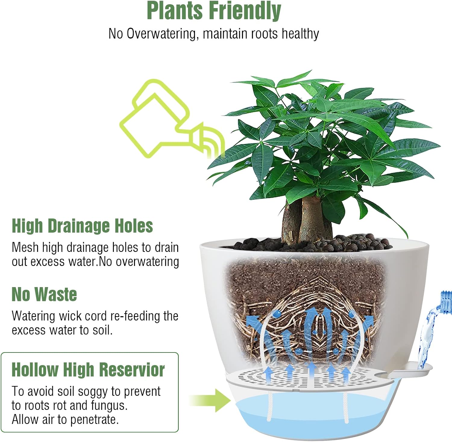 UOUZ 12inch Self Watering Pots, Plastic Planters with Mesh Drainage Holes and Deep Reservoir for Indoor Outdoor Garden