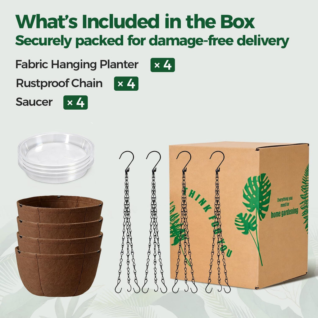 T4U Hanging Planter for Plants Outdoor 12 Inch, Fabric Pots 4 Pack | Breathable hanging grow bags with sturdy straps