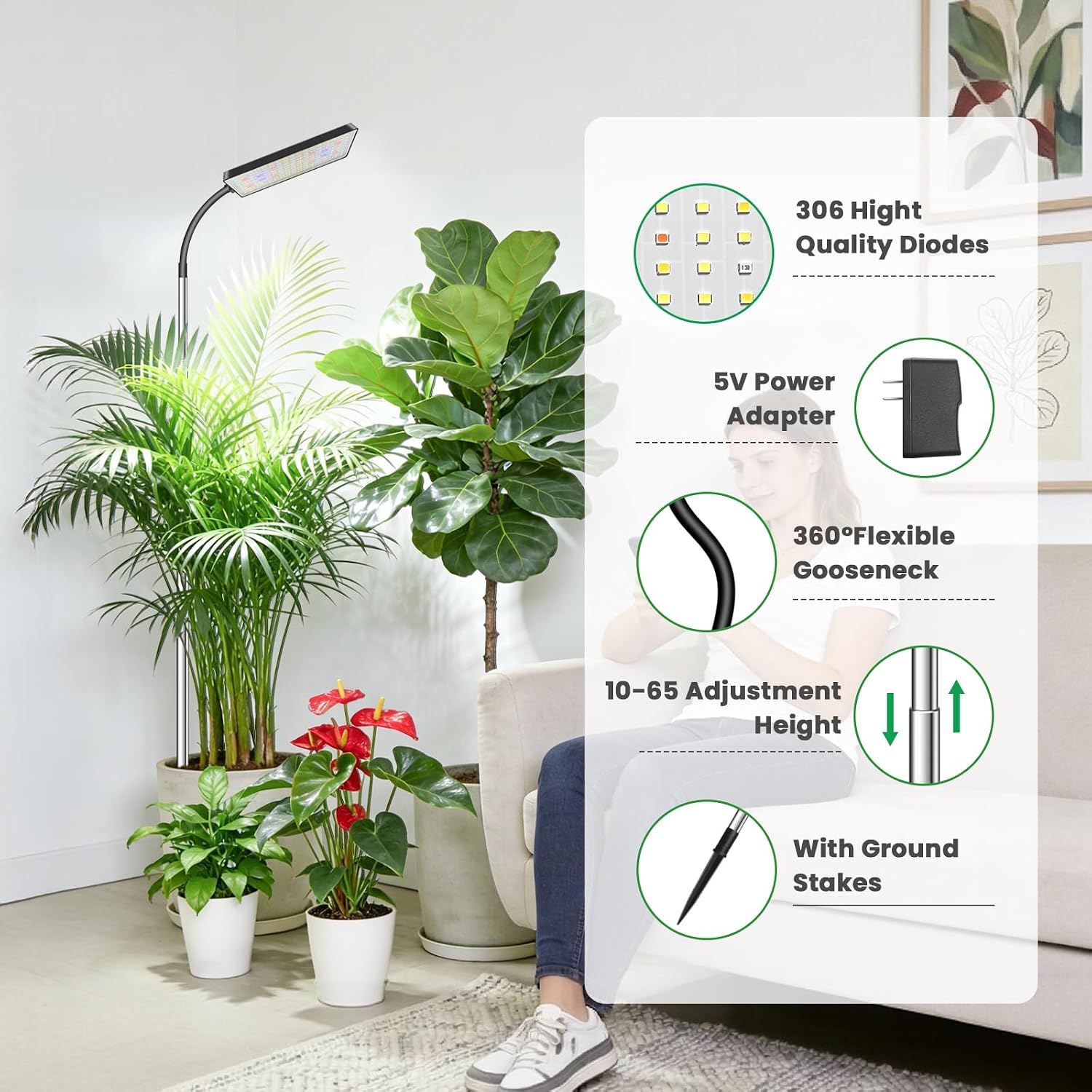 Plant Lights for Indoor Growing, 306LEDs Full Spectrum Grow Light | 7.9in Grow lights, 10-65in Height Adjustable for