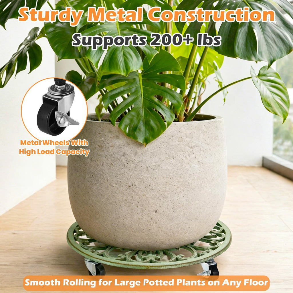 2 Pack Rolling Plant Caddy with Wheels Heavy Duty, 14 Inch Cast Iron Plant Rollers with Wheels, Planter Stand on Metal