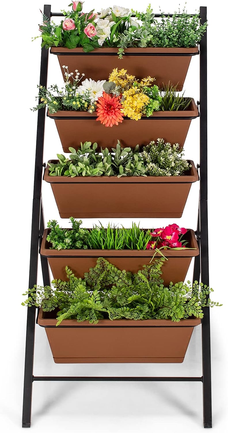 GIANTEX Set of 2 Vertical Planter Raised Bed, Elevated Garden Beds with Water Drainage Hole, Freestanding 5 Container