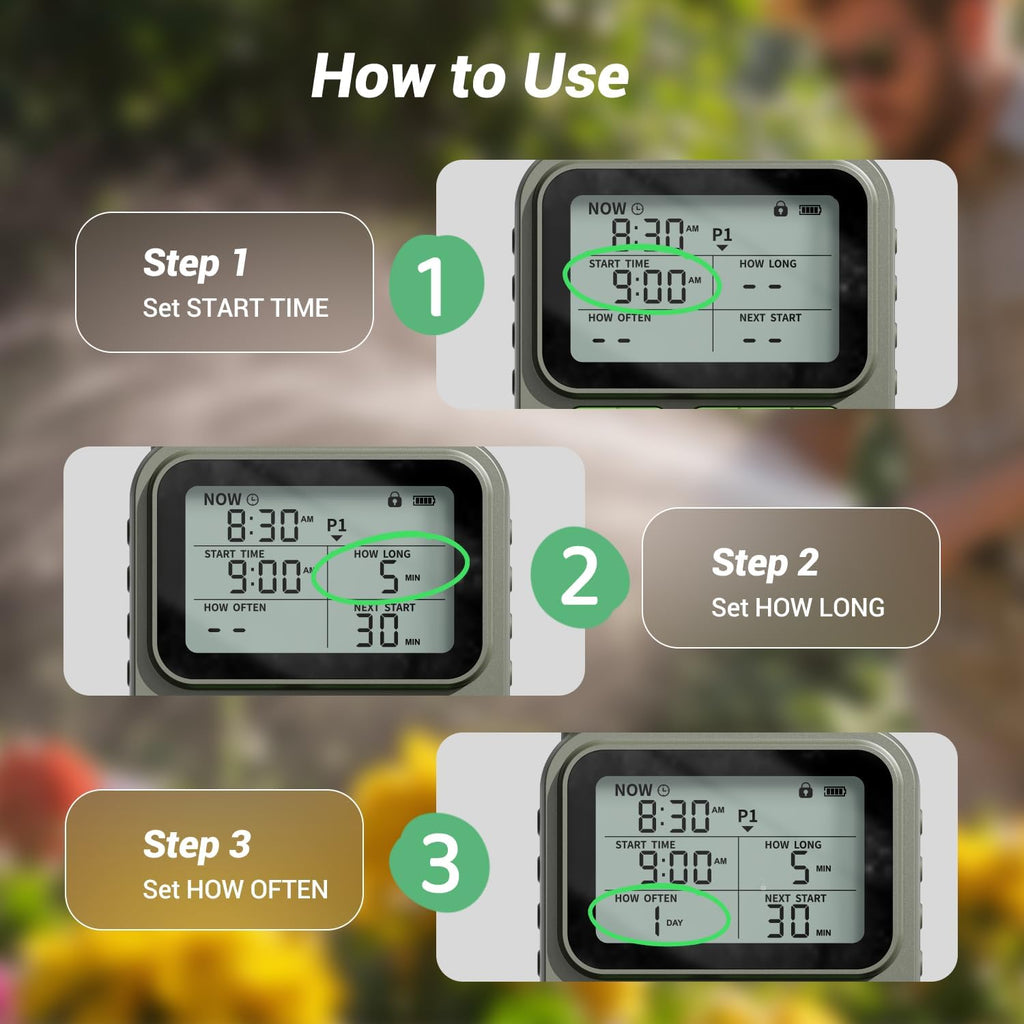 Sprinkler Timer for Garden Hose, Programmable Water Timer with 4 Custom Plans, Rain Delay & 2-Way Splitter, Digital