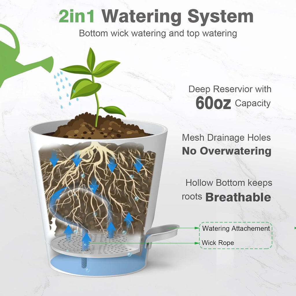 SwinDuck 12inch Large Self Watering Plant Pot, Plastic Cylinder Planter with 60Oz Deep Reservoir and Saucer for Indoor