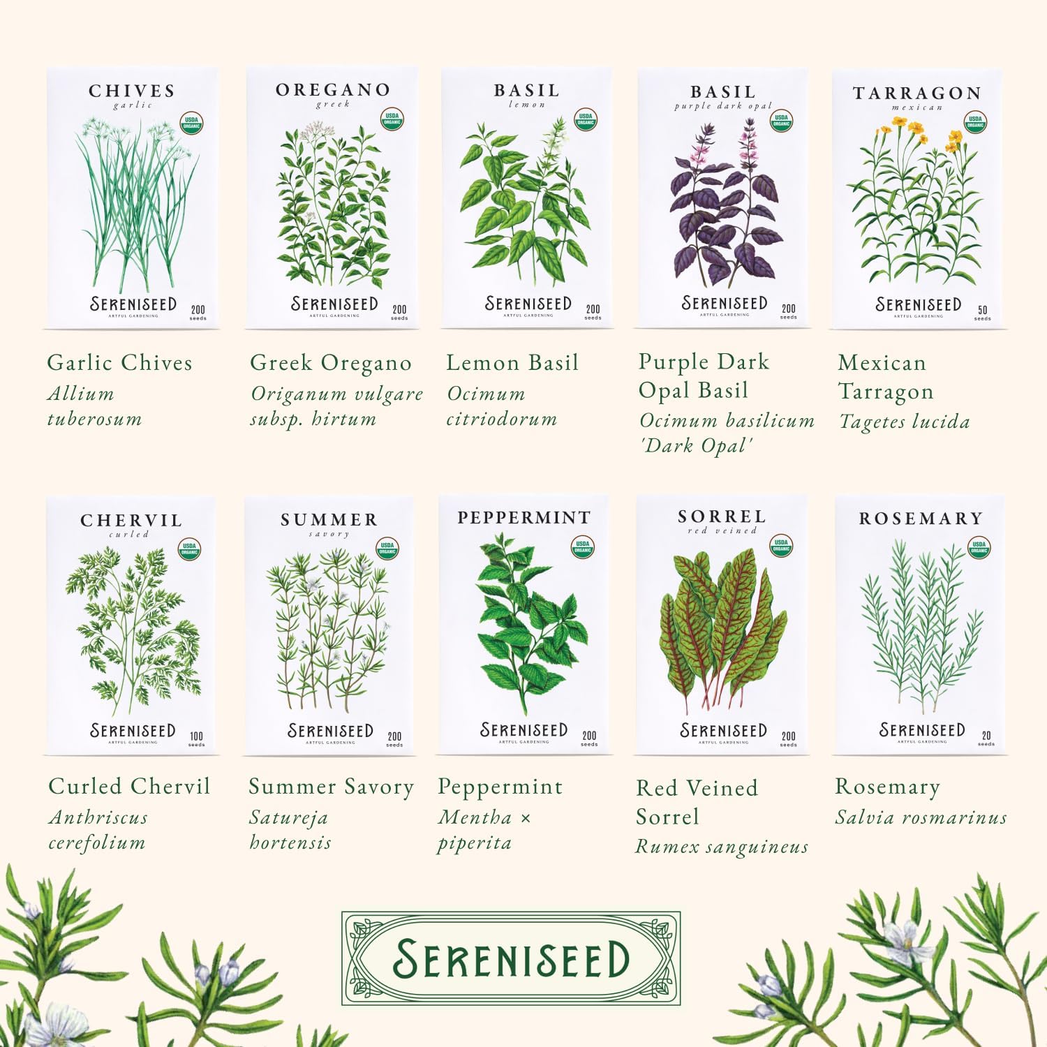 Sereniseed Certified Organic Herb Seeds 35-Pack | Non-GMO Heirloom Variety for Indoor Outdoor Culinary Gardening Gift