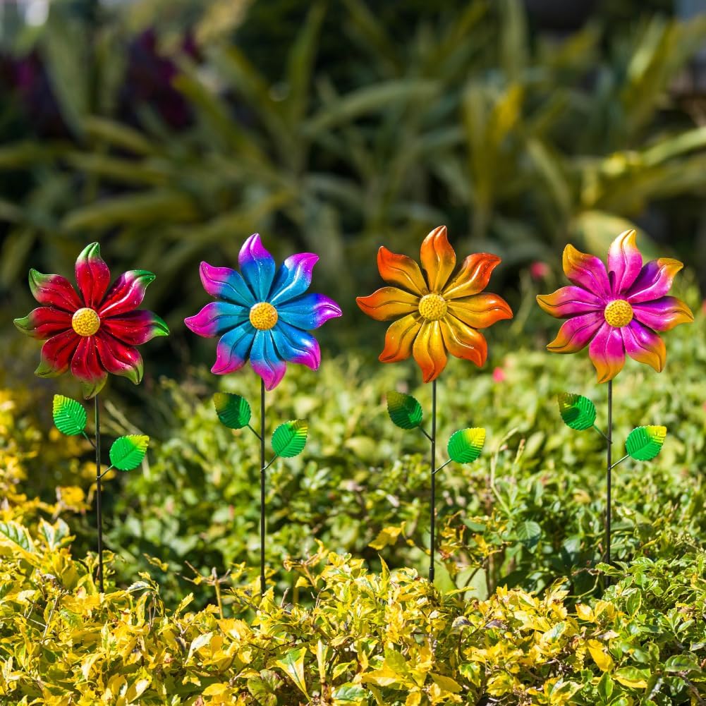 DREAMYSOUL 4 Packs Metal Flowers Wind Spinners Outdoor, Gradient Petals Metal Pinwheel for Yard and Garden Decor