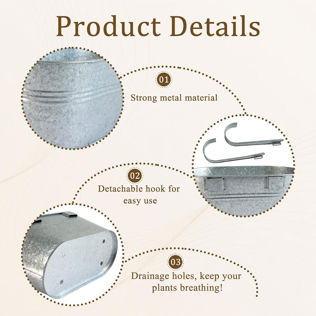 8 Pack 10" Galvanized Hanging Railing Planters with Hooks and Drainage | Rustproof, Detachable hooks, Drainage hole