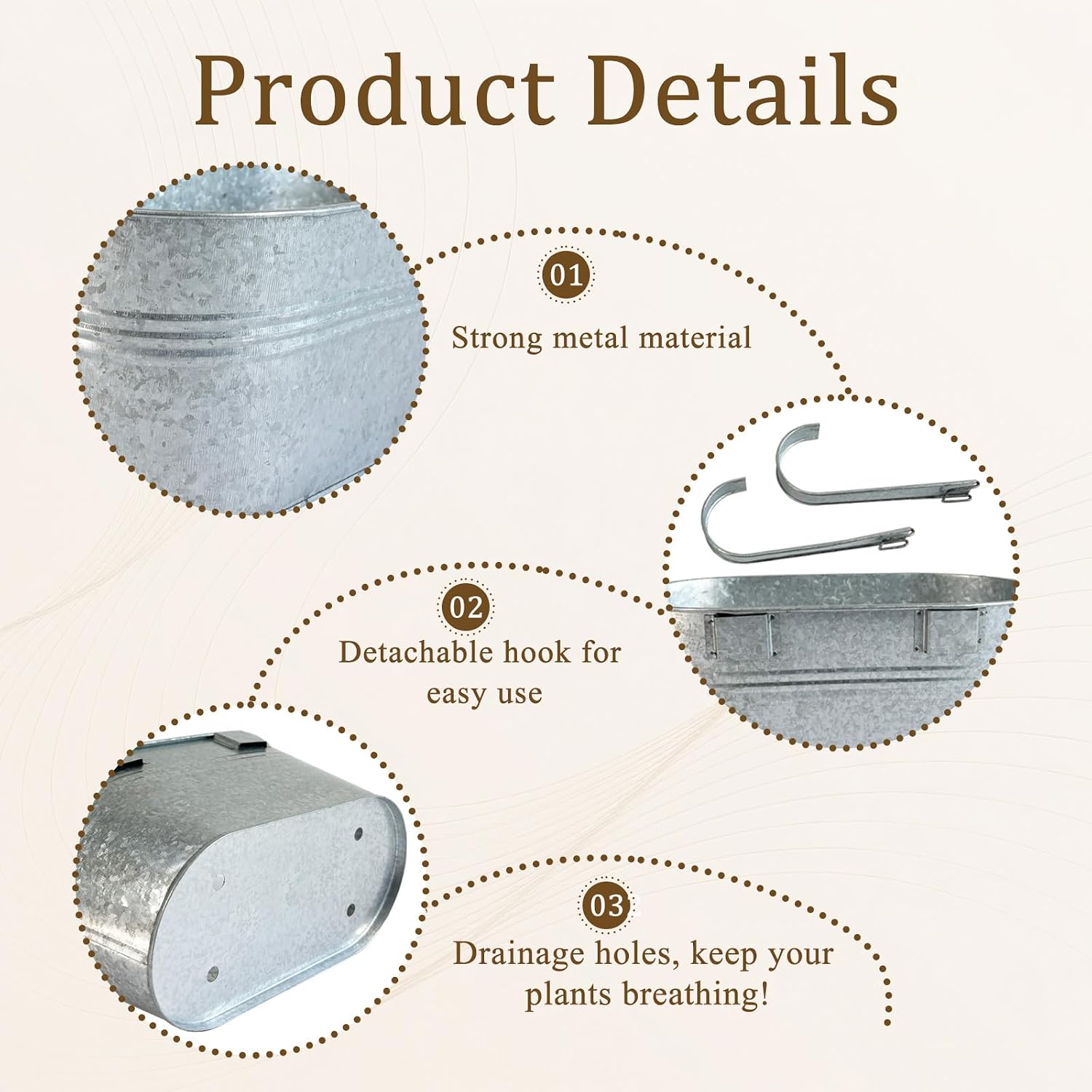 8 Pack 10" Galvanized Hanging Railing Planters with Hooks and Drainage | Rustproof, Detachable hooks, Drainage hole