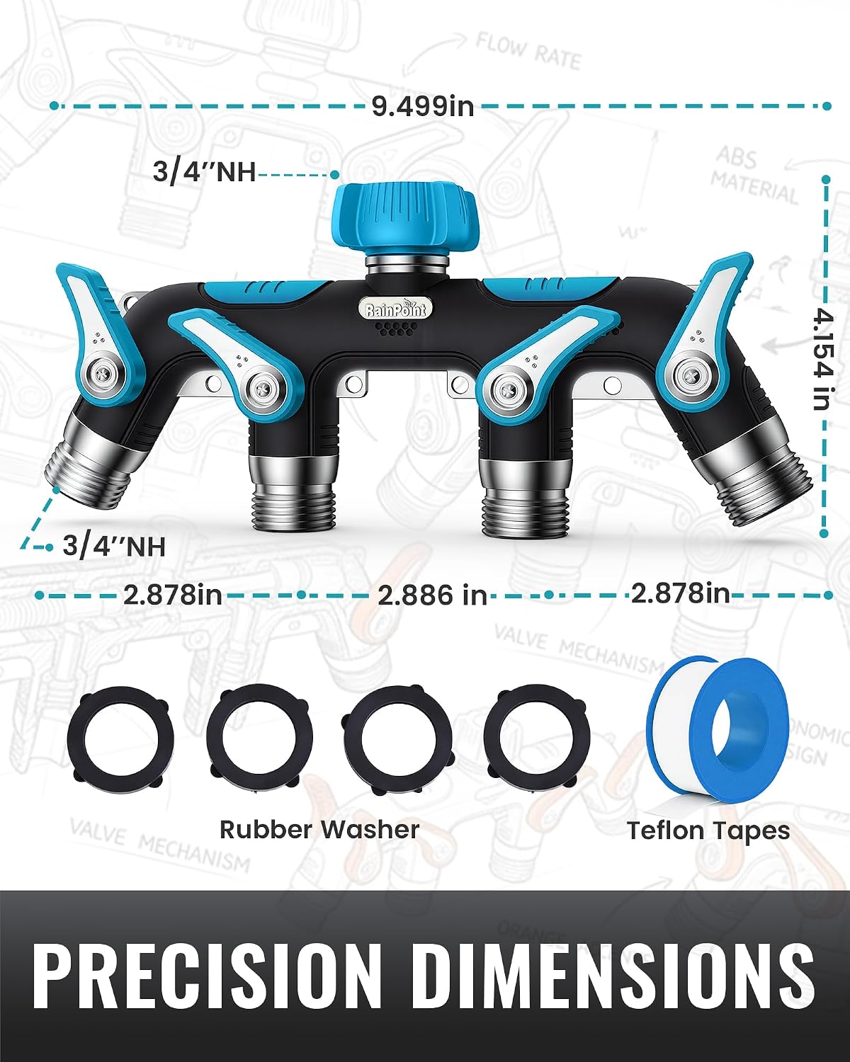 RAINPOINT 4 Way Garden Hose Splitter, 100% Metal Heavy Duty Water Hose Splitter with Individual Shut-Off Valves, 3/4"