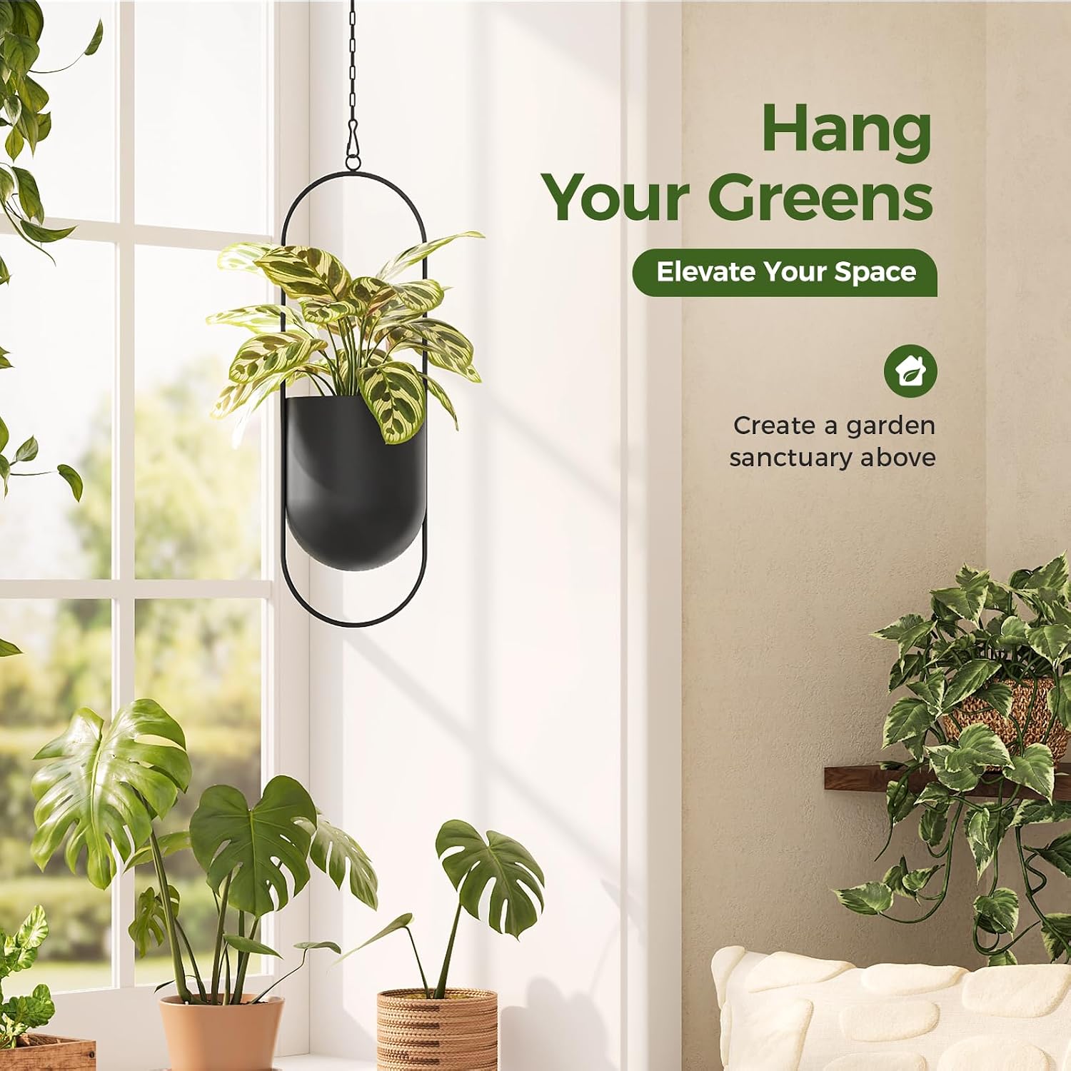 Bamworld Black Hanging Planters for Indoor Outdoor Plants Metal Hanging Pot | 5.5 Inch Modern Hanging Baskets, Window