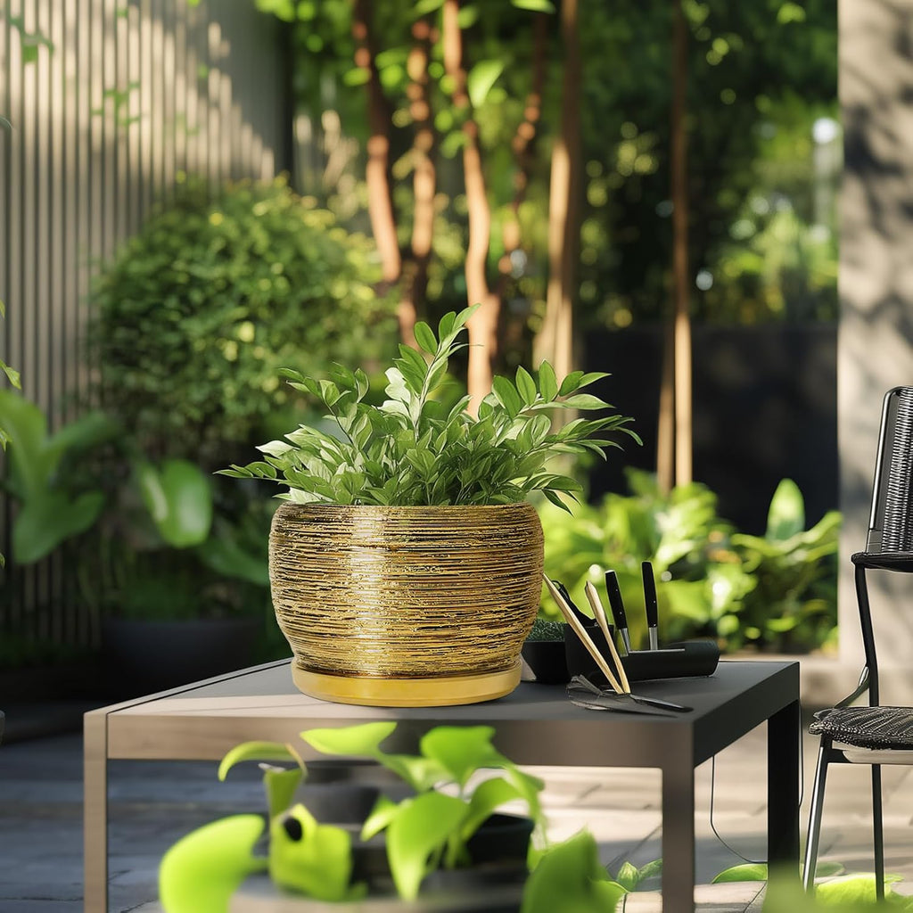 SQOWL Ceramic Planter for Indoor Plants - 10 Inch Plant Pot with Drainage Hole and Saucer, Modern Round Planter