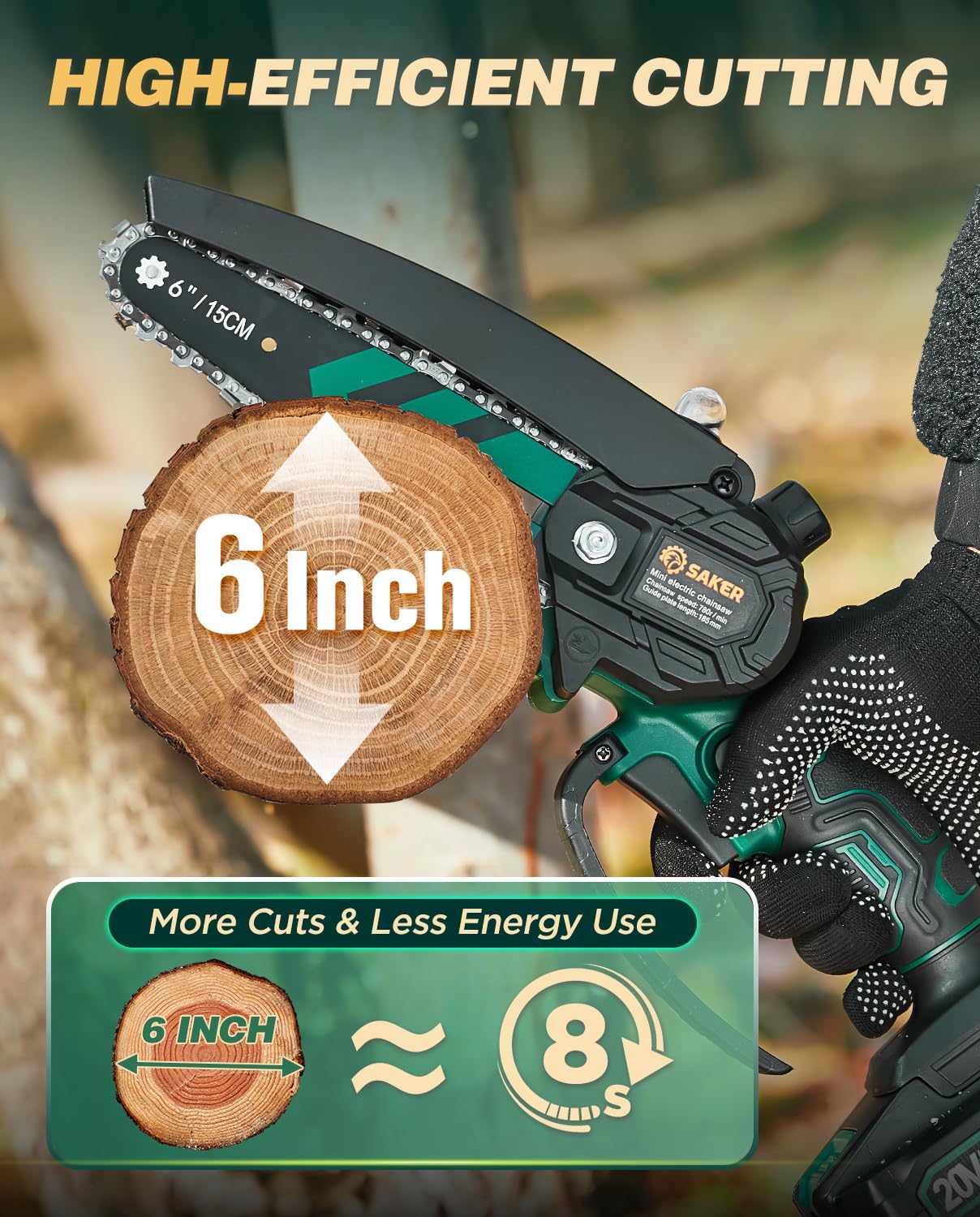 Saker Mini Chainsaw Cordless with Auto Oiler 6 Inch 2 Batteries+3 Chains | Mini Electric Chain Saw,Small Handheld