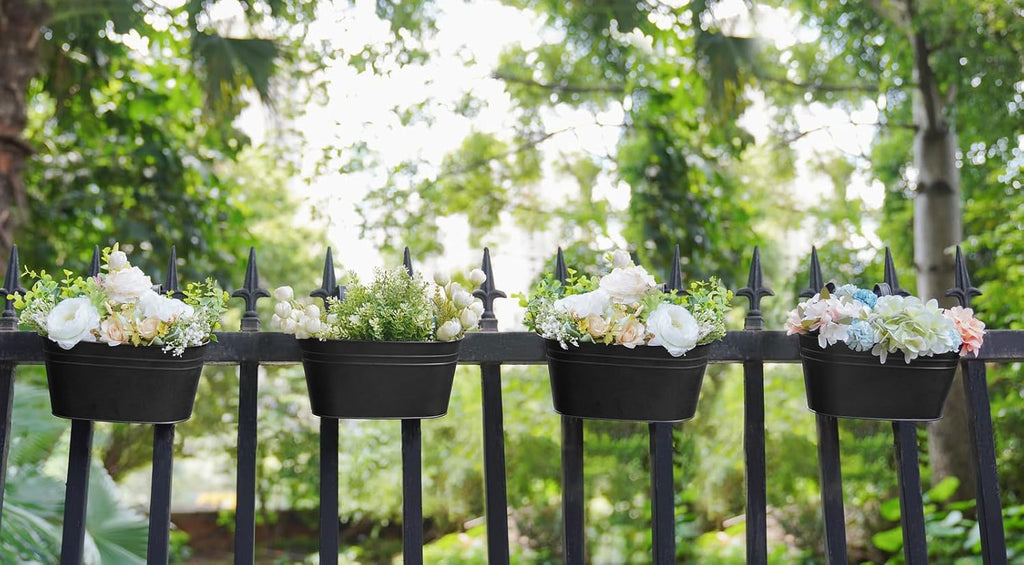 Dahey 10.5 Inch Metal Hanging Flower Pots 4 Pcs Outdoor Railing Planter Box | Drainage Holes, 2.7”Width Iron Detachable