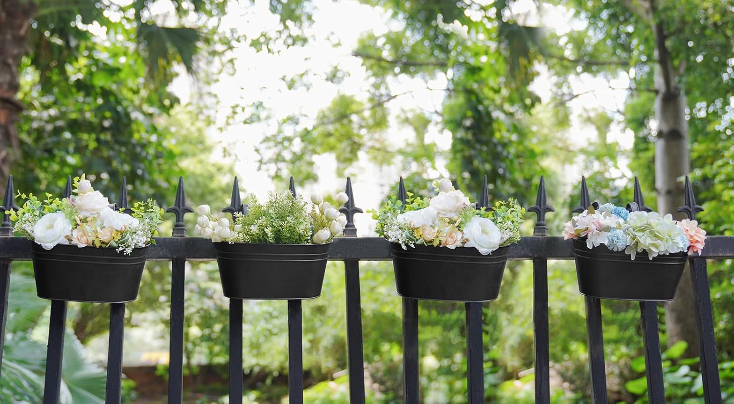 Dahey 10.5 Inch Metal Hanging Flower Pots 4 Pcs Outdoor Railing Planter Box | Drainage Holes, 2.7”Width Iron Detachable