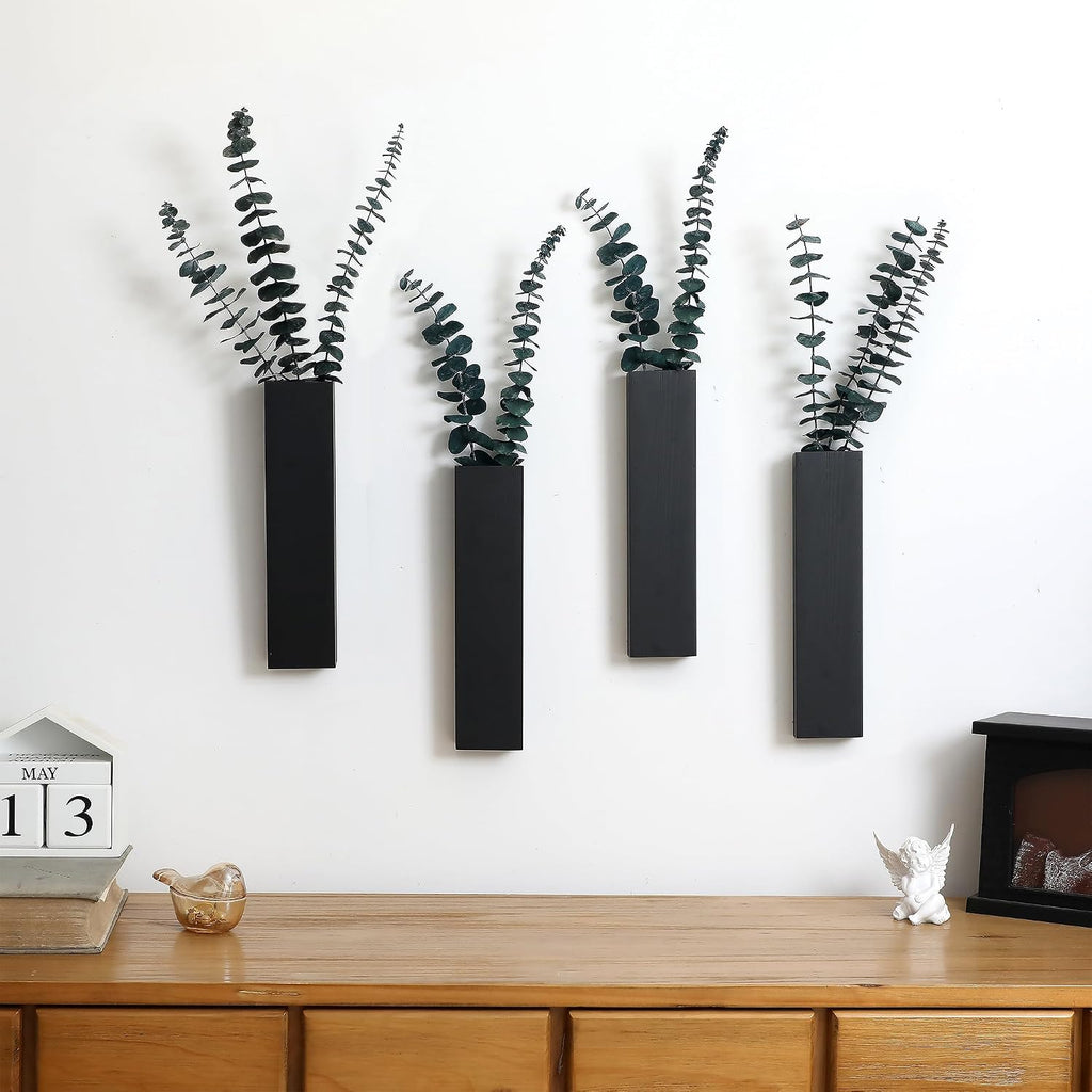 Wooden Wall Planter 4 Pack, Black Wood Wall Vase for Indoor Plants | Tall wood wall decor, wooden wall planter, wall