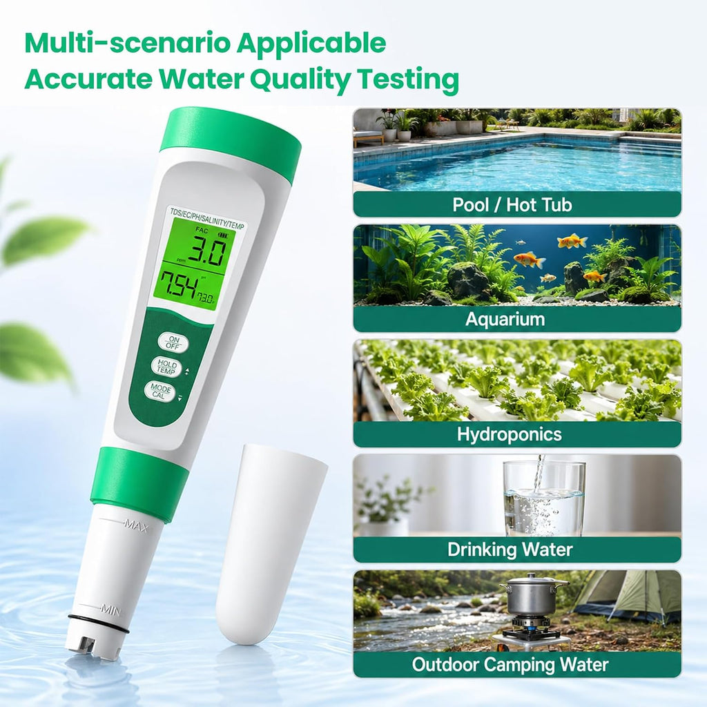 Salt Tester for Saltwater Pool & PH Meter, High Accuracy Pool Salt Tester, 5 in 1 Salinity PH Temp EC TDS Meter for