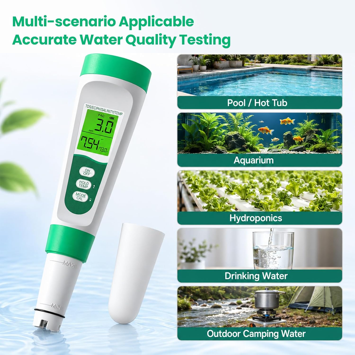 Salt Tester for Saltwater Pool & PH Meter, High Accuracy Pool Salt Tester, 5 in 1 Salinity PH Temp EC TDS Meter for