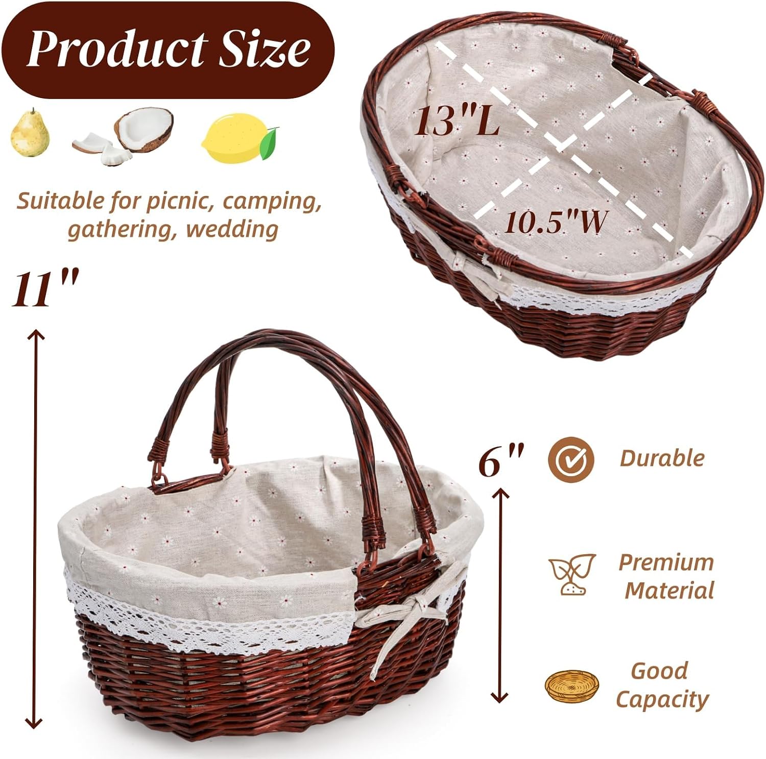 Dicunoy Wicker Picnic Basket with Handle, Large Empty Gift Basket to fill, Open Top Market Harvest Baskets for Garden