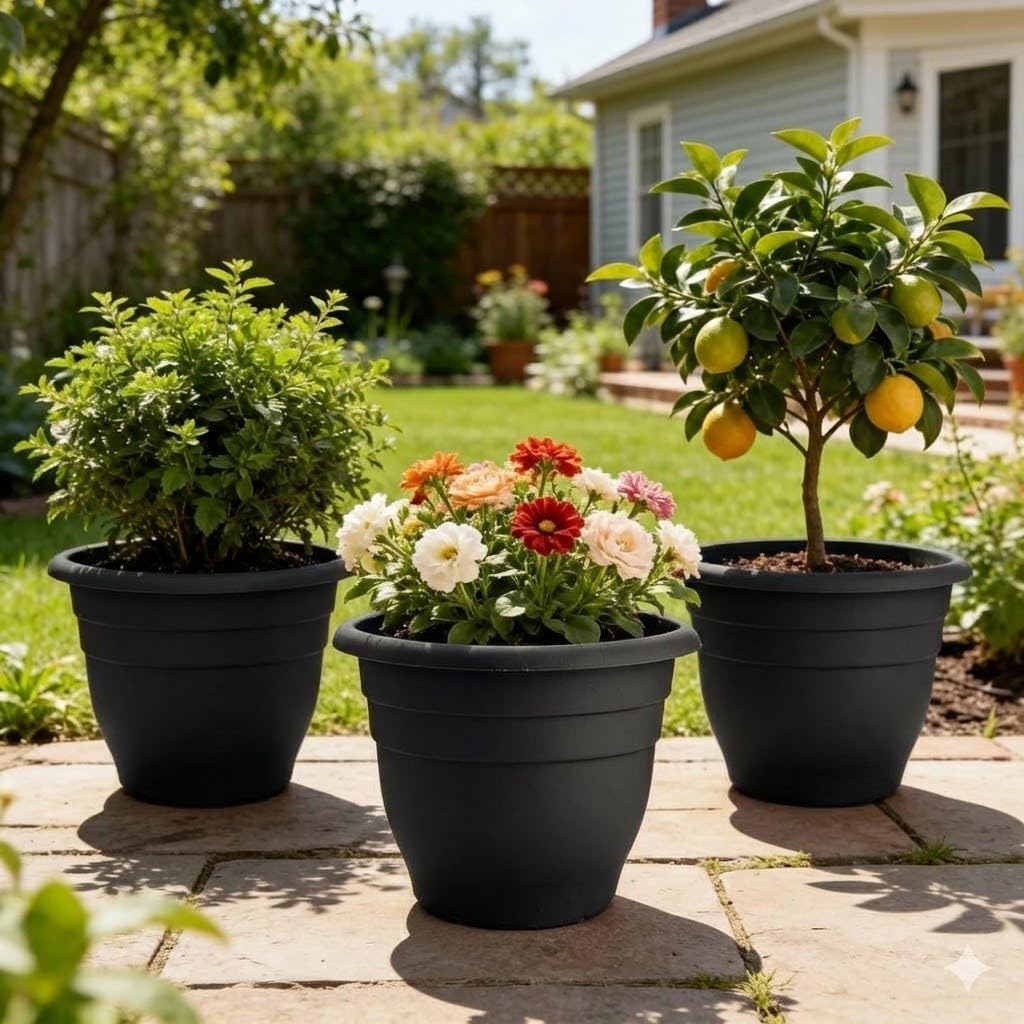 RooTrimmer 6 Pack 16 Inch Large Plant Pots Outdoor,Heavy Duty Plastic Planters with Drainage Holes,Lightweight Black