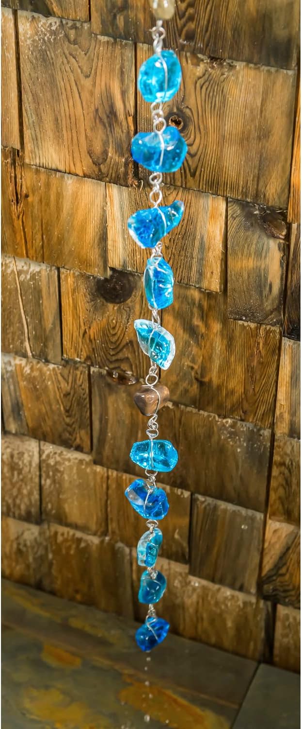 Evergreen 6 Feet Long Blue Glass and Metal Rain Chains for Gutters | Rain Catcher Chain Replacement Downspout