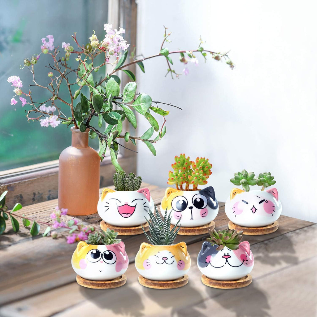 3.6Inch Cat Pot for Plant, Cat Planter Succulent Pot with Drainage Set of 6 | Tiny Animal Planter, Small Ceramic Air