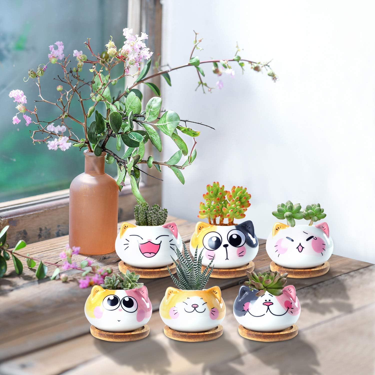 3.6Inch Cat Pot for Plant, Cat Planter Succulent Pot with Drainage Set of 6 | Tiny Animal Planter, Small Ceramic Air