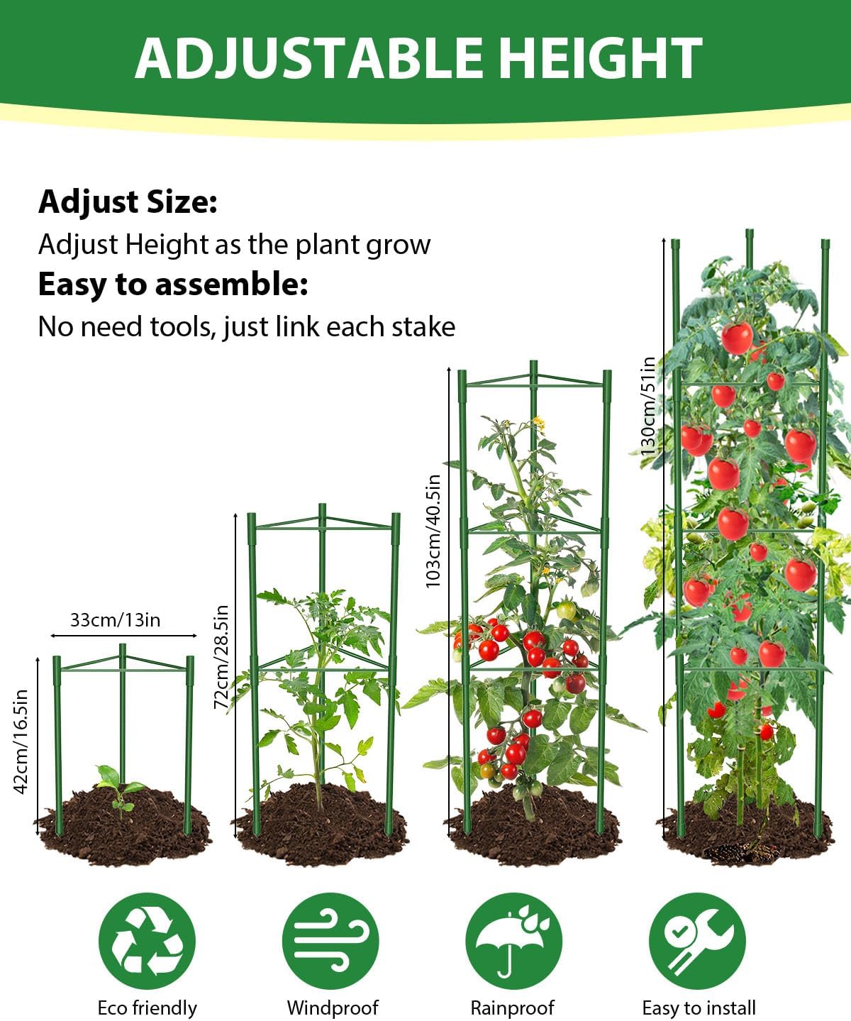 MYMULIKE 6 Pack Tomato Cages for Garden, 51in*13in Adjustable Tomatoes Plant Stakes Support Cages Trellis, Garden
