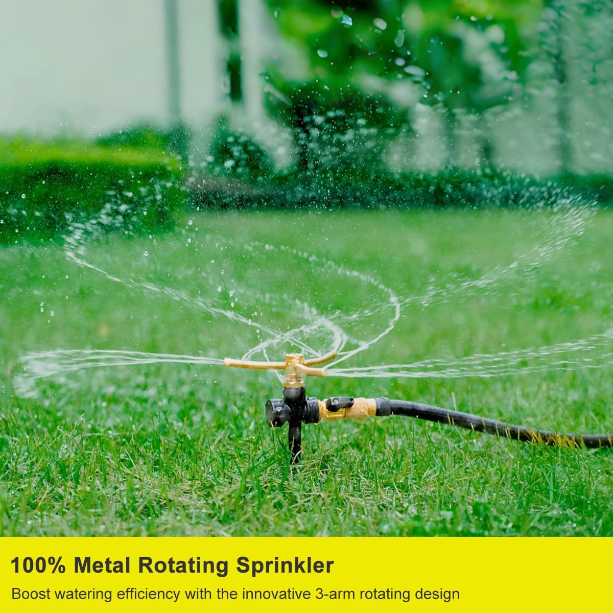 FANHAO 2 Pack Metal Lawn Sprinklers with Spike Base, Heavy Duty Automatic Rotary Garden Sprinkler System, 3-Arm Water