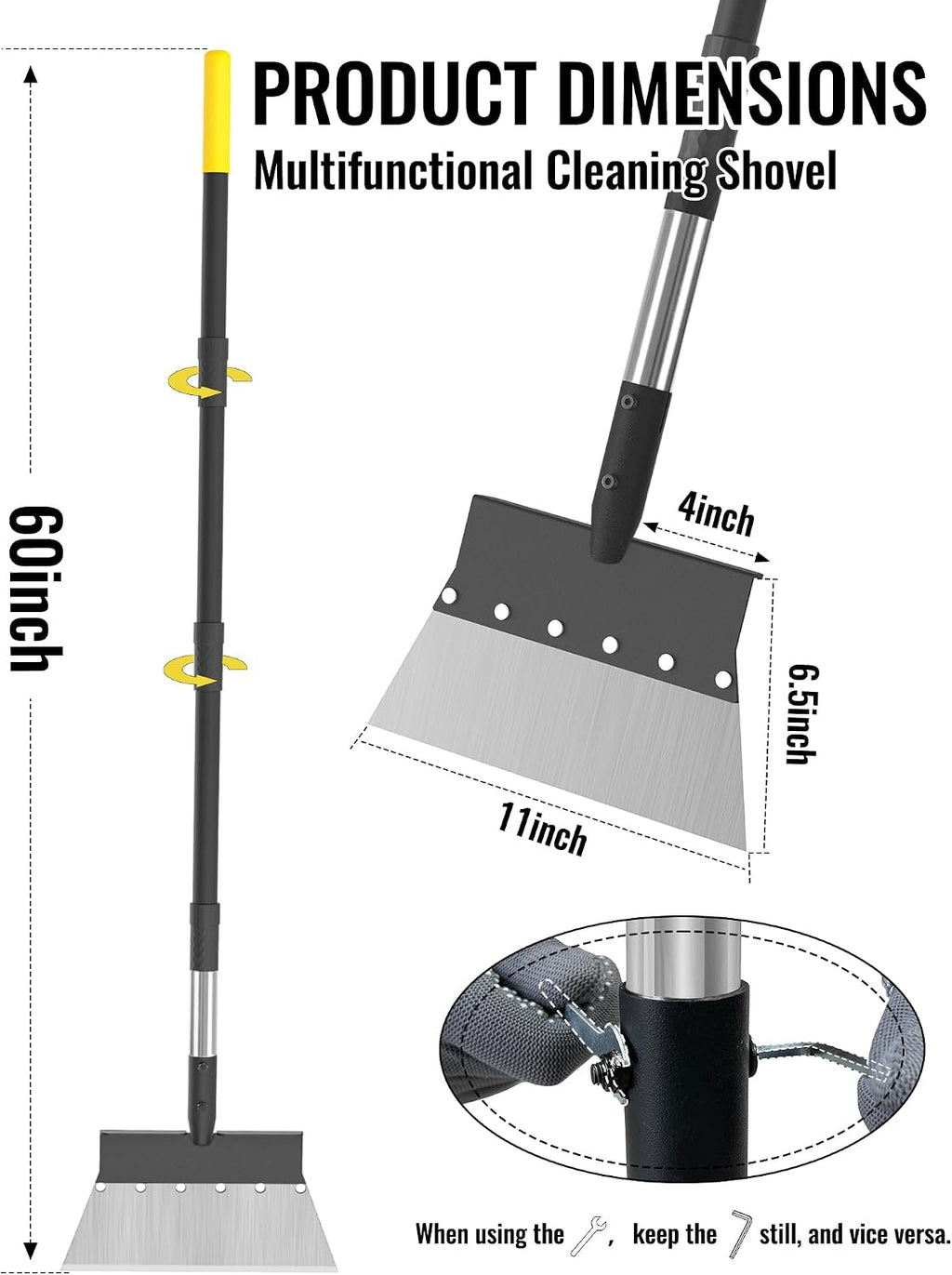 Garden Flat Shovel, Heavy Duty Multifunctional Cleaning Shovel with 60" Adjustable Long Handle, Metal Floor Scraper