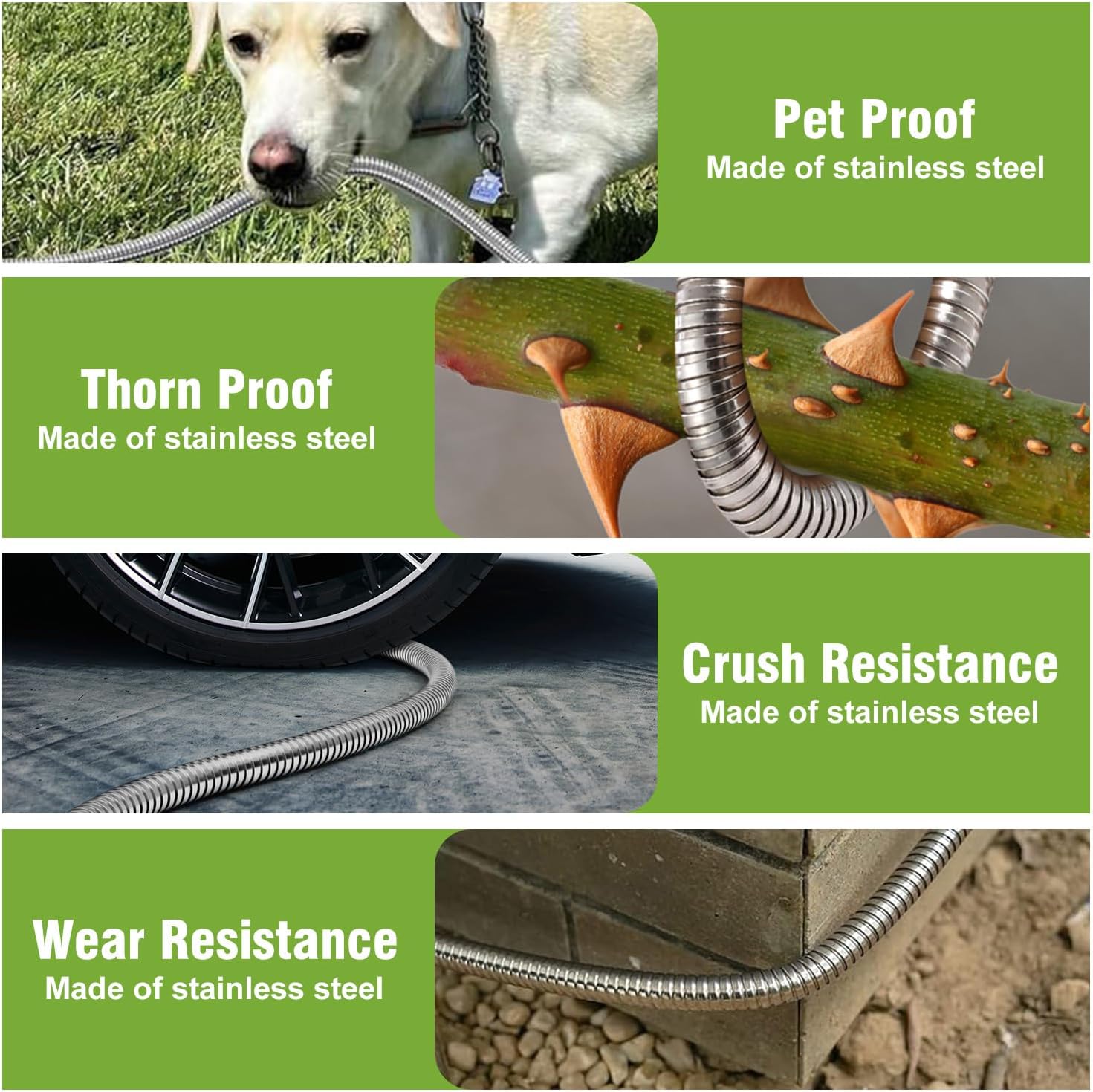 Beitopamz 100 ft Garden Hose, Stainless Steel Metal Water Hose with Nozzle, Flexible and Durable, Rust Proof, No-Kink
