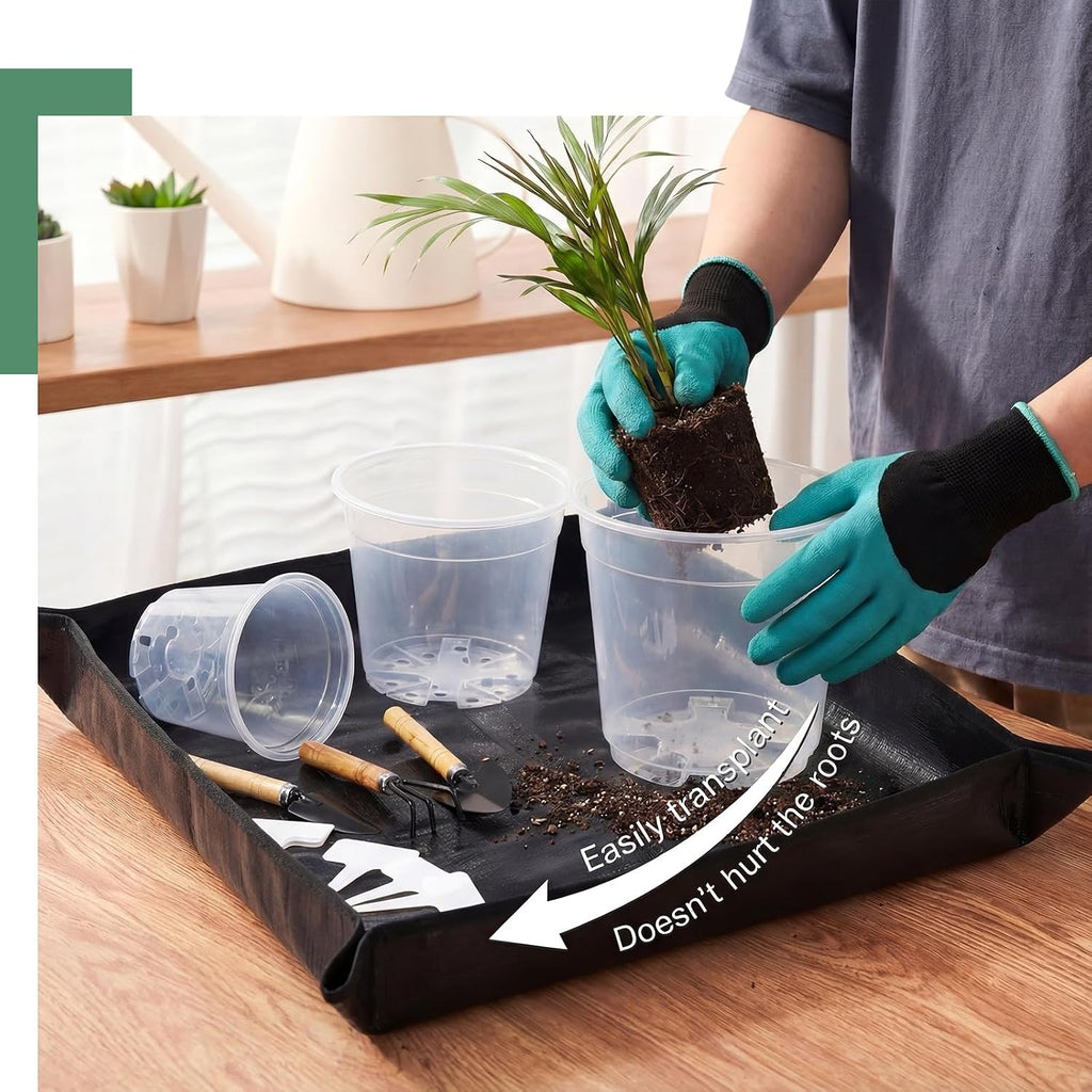 83 Pcs Garden Supplies Tools Kit, 5/6/7 Inch Clear Plastic Plant Pots with Transplanting Mat, Trowel Cultivator Rake