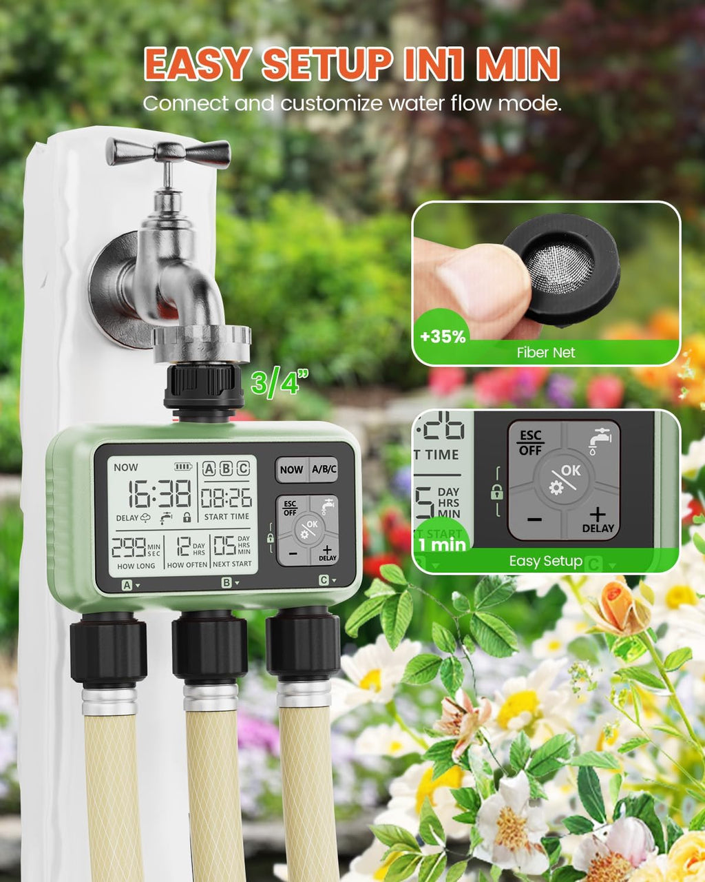 3 Zone Sprinkler Timer, Programmable Water Timer for Garden Hose | 3 independent zones, programmable watering, rain