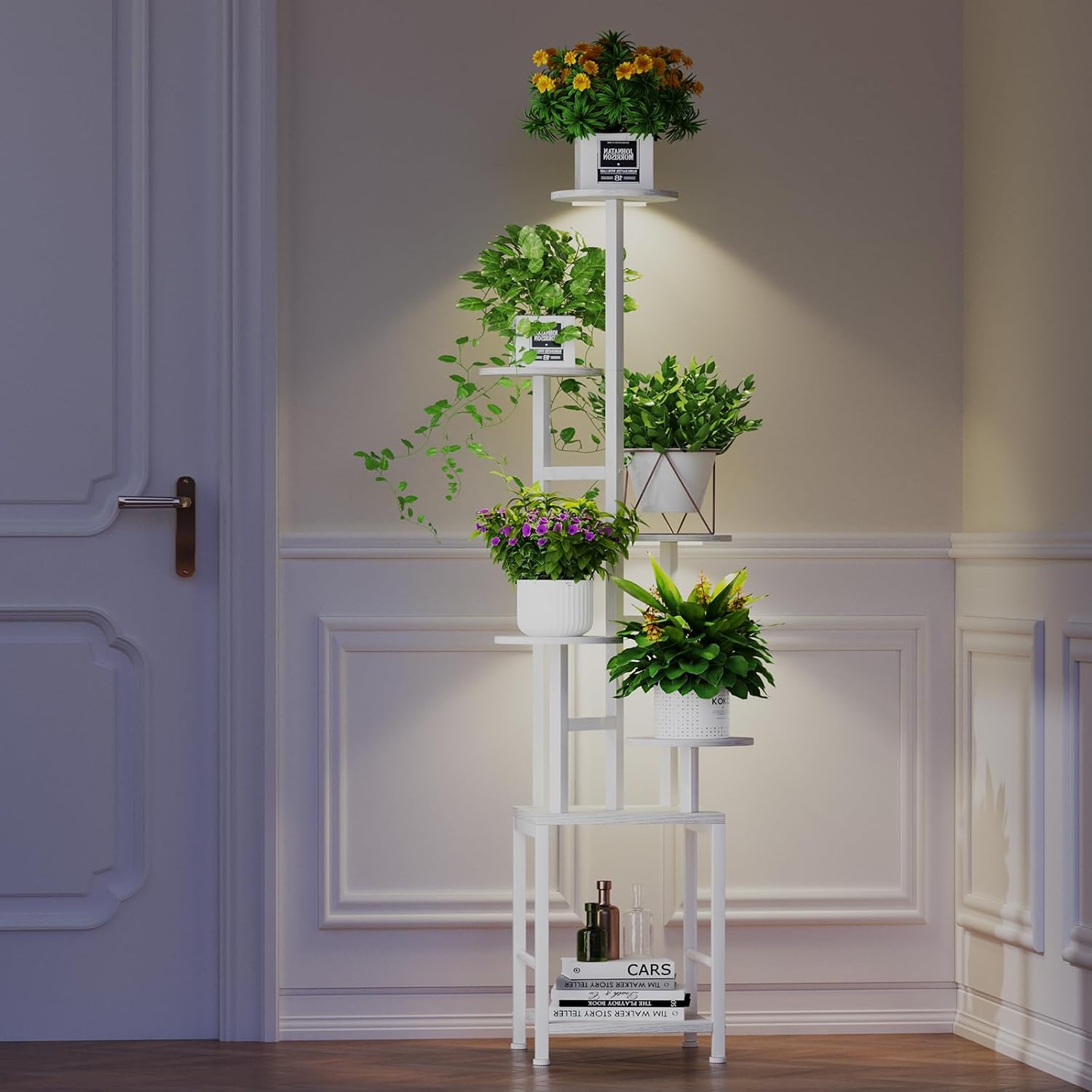Plant Stand Indoor with Grow Light, 6-Tiered Tall Plant Stand Indoor, Metal Plant Shelf with Hanging Basket Hook and