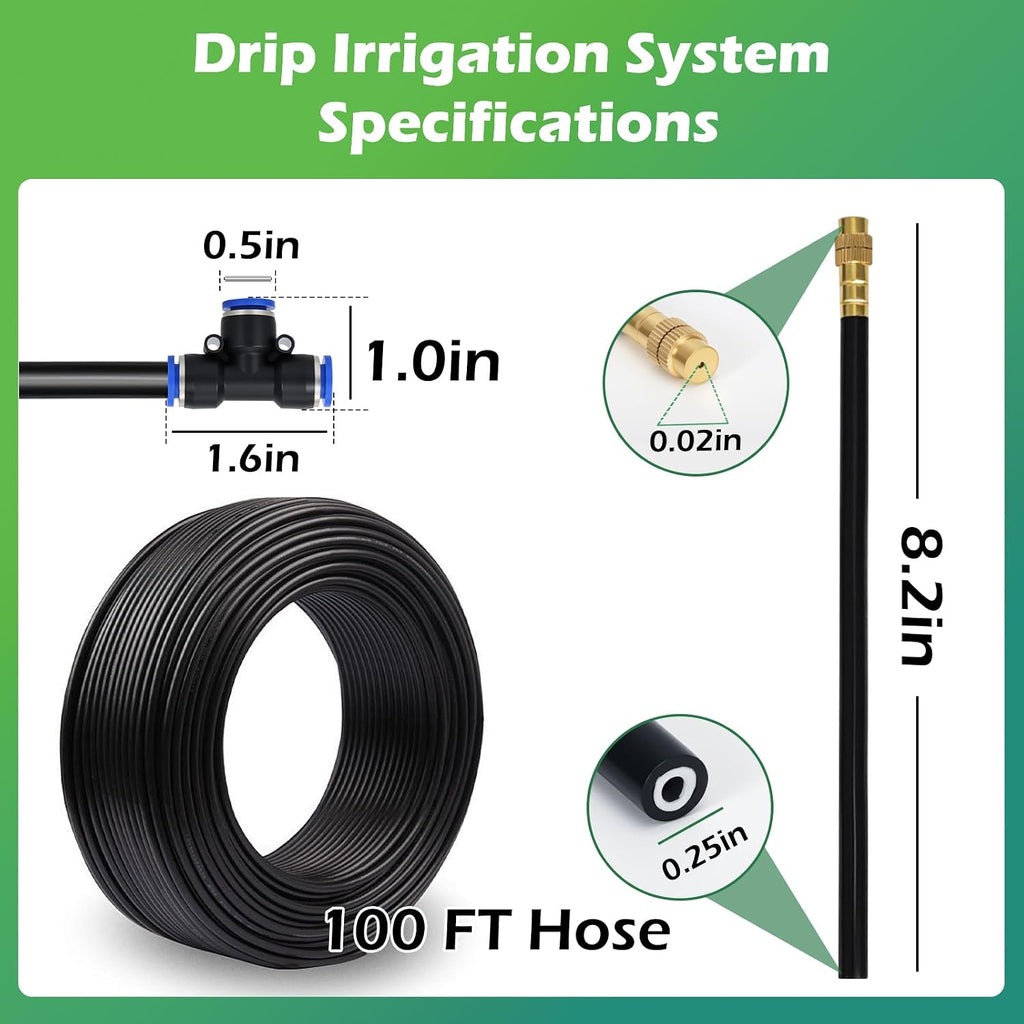 Drip Irrigation System 100 FT with 32 Nozzles, 360° Adjustable Bendable Garden Watering Misting System for Greenhouse