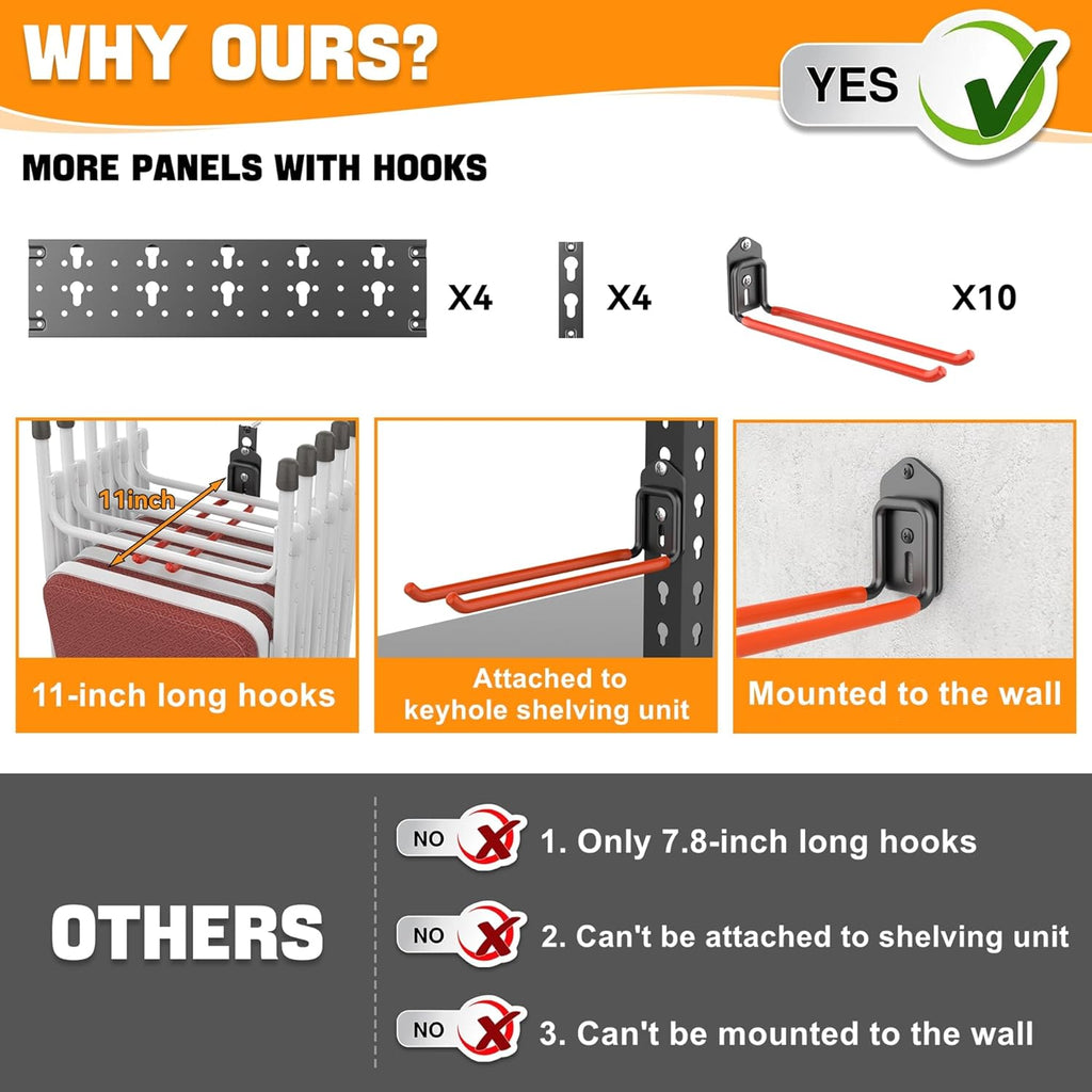 TORACK Garden Tool Organizer Wall Mount, Garage Folding Chair Storage Rack, Tools Rack for Shovels, Rakes, Broom
