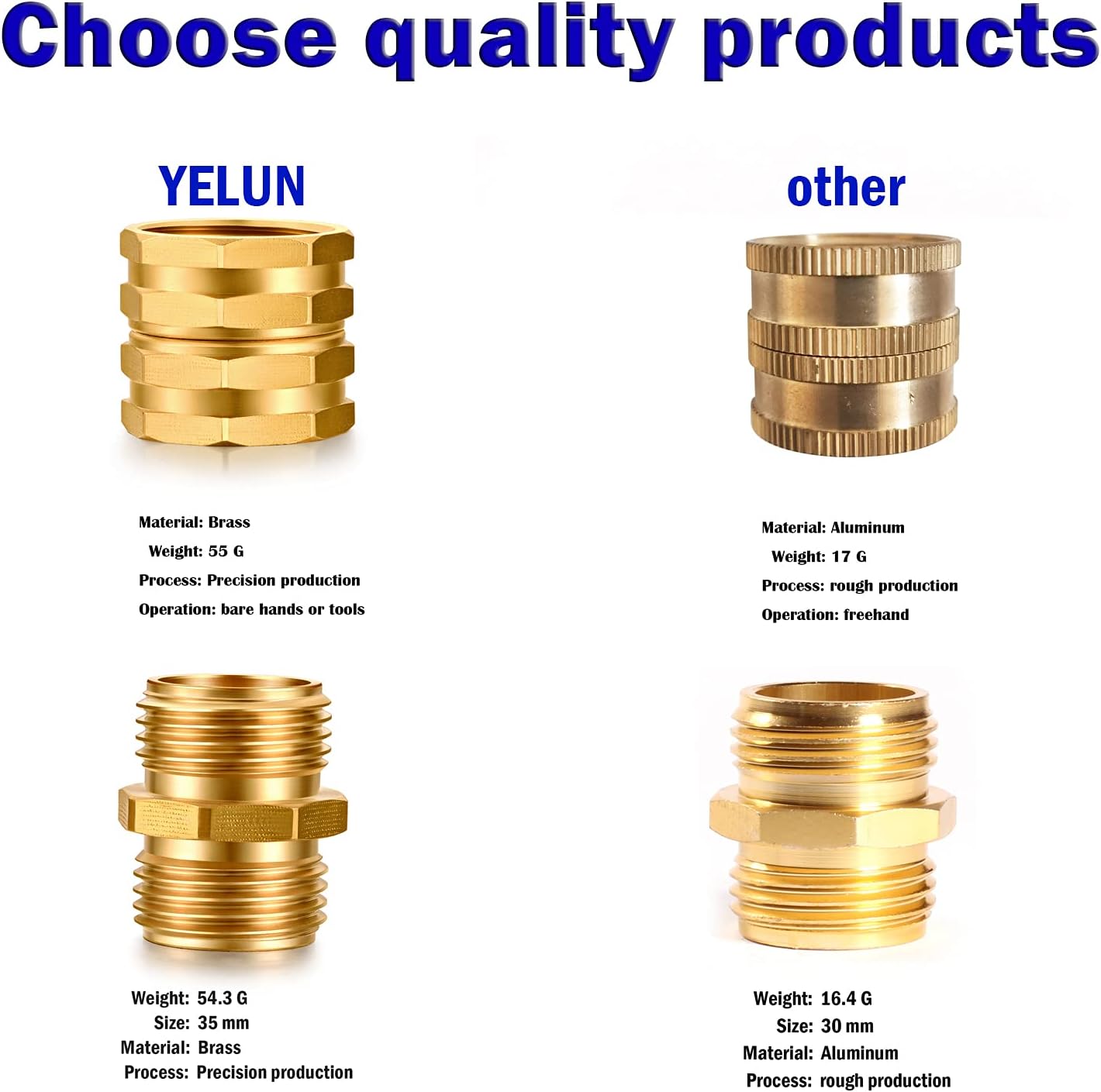 Solid brass Garden Hose Fittings Connectors Adapter Heavy Duty Brass Repair Male, Female faucet leader coupler dual