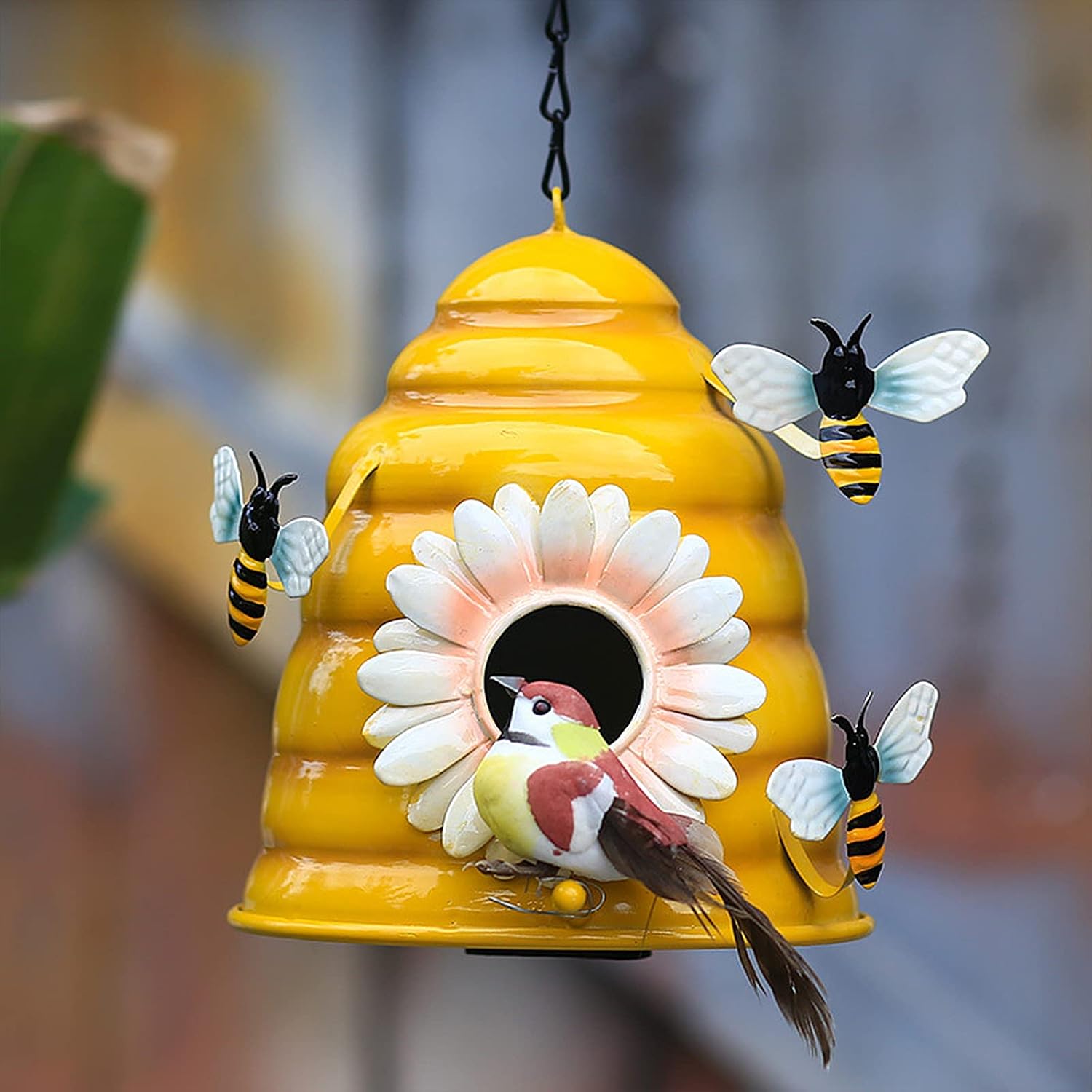HANTURE Beehive Bird Houses for Outside 6.5Inch Iron Decorative Hanging Birdhouses with Bee Ornaments Outdoor
