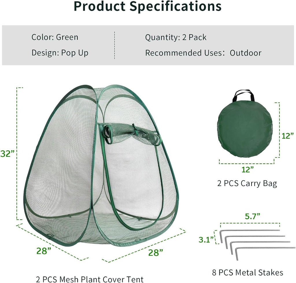 2PCS Large Mesh Plant Protector Tent from Animals, 28X28X32In Pop Up Plant Protection Enclosure Garden Netting Cover