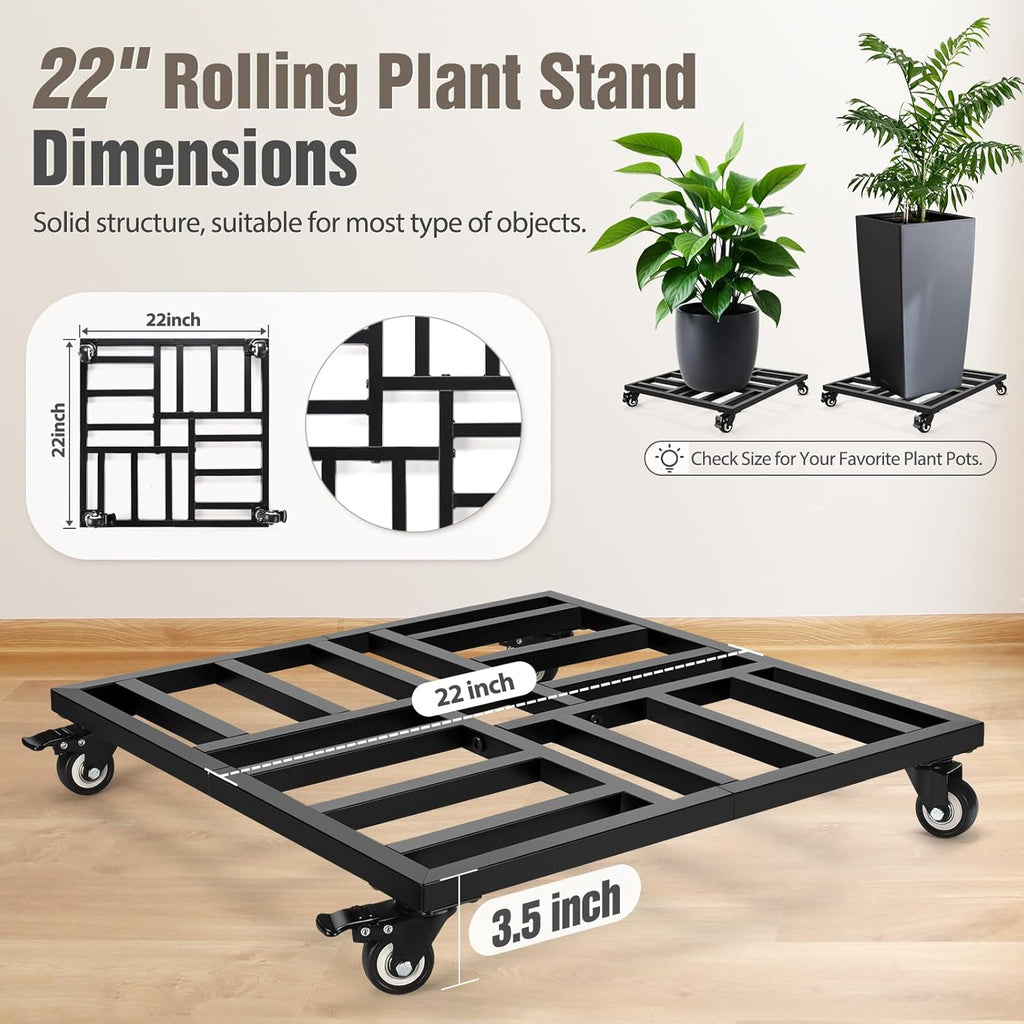 AugFir 22" Plant Caddy with Wheels Heavy Duty, 600lbs Rolling Metal Plant Stand, Square Plant Dolly with Lockable
