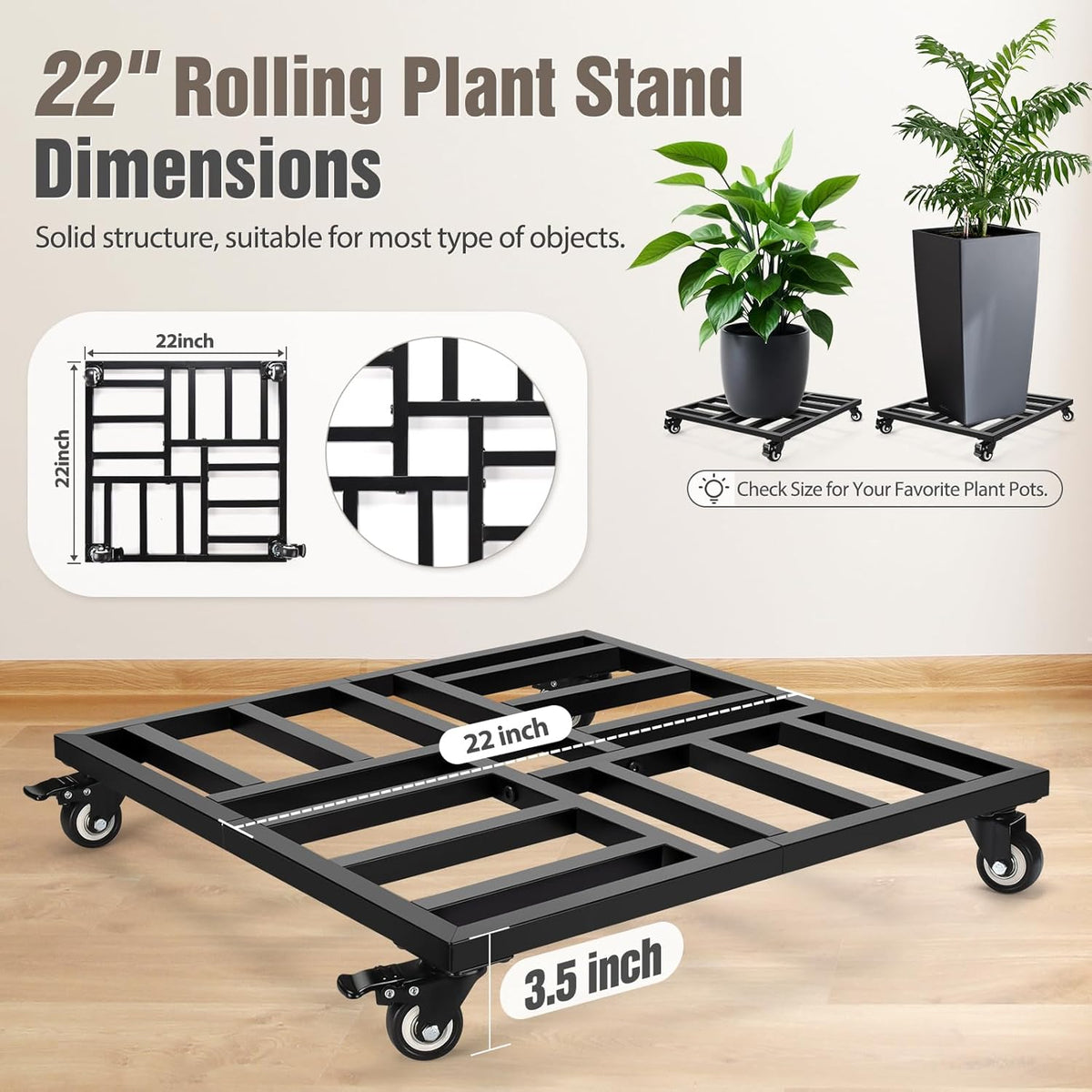 AugFir 22" Plant Caddy with Wheels Heavy Duty, 600lbs Rolling Metal Plant Stand, Square Plant Dolly with Lockable