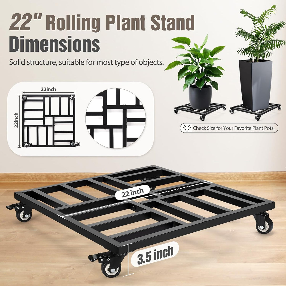 22" Plant Caddy with Wheels, Heavy Duty Metal Rolling Plant Stand, 600 lbs Square Plant Dolly with Lockable Industrial
