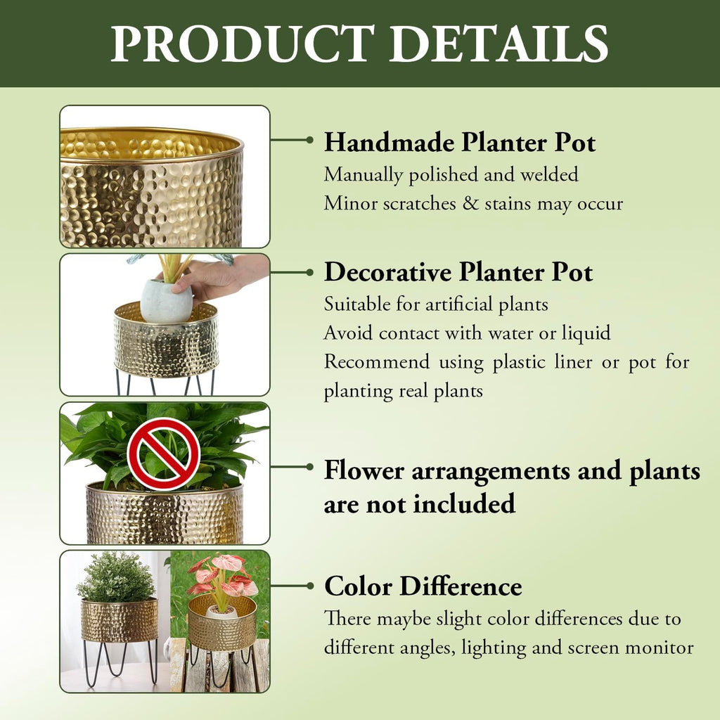 MyGift Modern Brass Metal Plant Containers with Matte Black Stands, 2 Pc | Handcrafted in India, textured planters with
