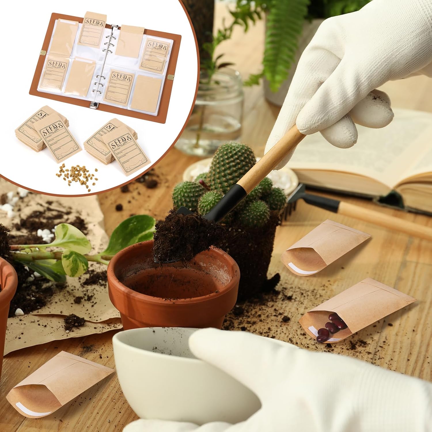 Garden Seed Storage Organizer Binder - 150 Resealable Seed Envelopes Brown Shell with 40 Sheet Protectors for Efficient